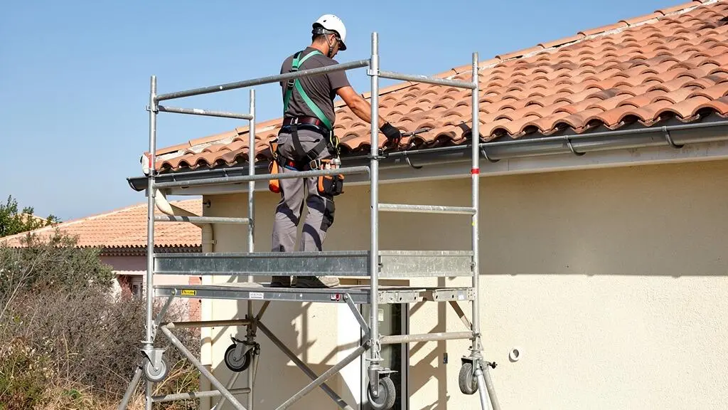 Un couvreur travaille depuis la plateforme d'un échafaudage roulant équipé de stabilisateurs, le long d'une toiture en tuiles provençales.