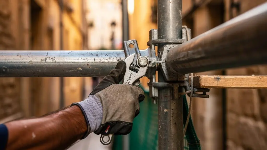 Gants de travail serrant un raccord entre deux tubes d'échafaudage fixe au moyen d'une clé, en gros plan sur un chantier.