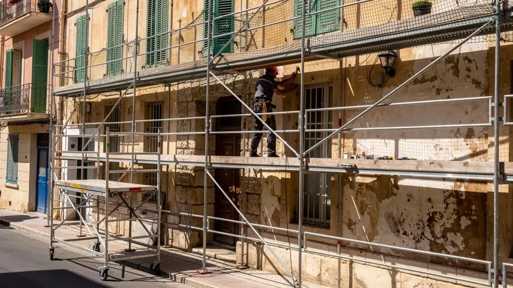 Un montage d'échafaudage fixe contre la façade d'un immeuble ancien marseillais, avec un échafaudage roulant posé sur le trottoir et un monteur réglant une lisse de garde-corps.